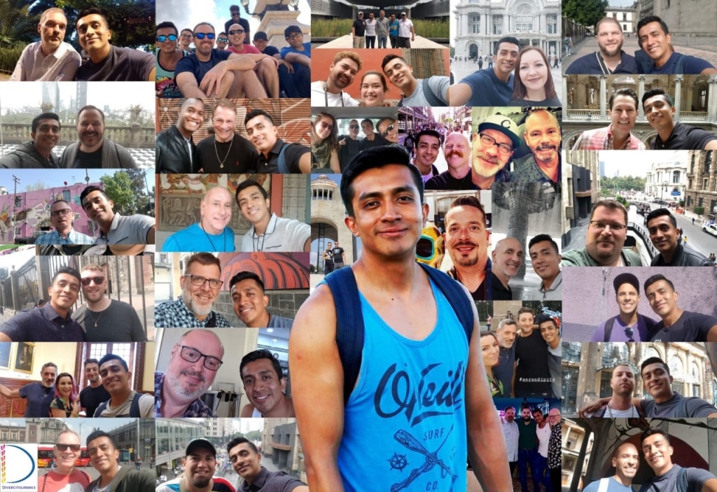 Collage of photos of Saúl with his guests touring Mexico City